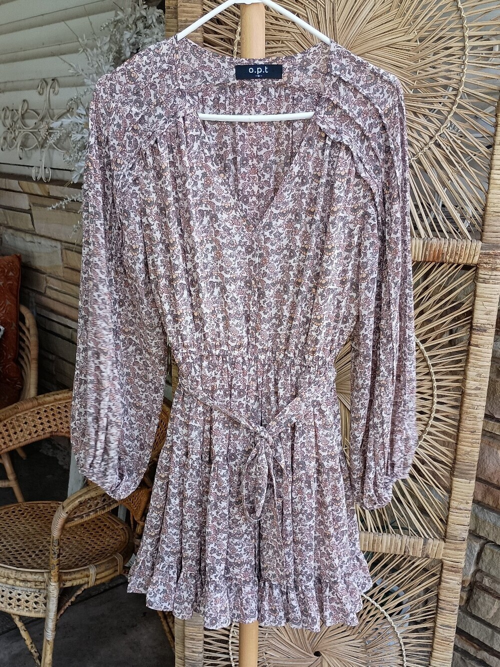 O.P.T. Tuckernuck Floral Puff-Sleeve Brown Dress_S
